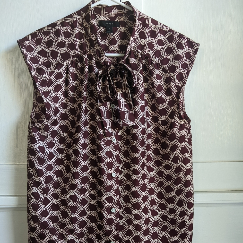 Maroon J. Crew 100% silk sleeveless tie-neck blouse, size 2